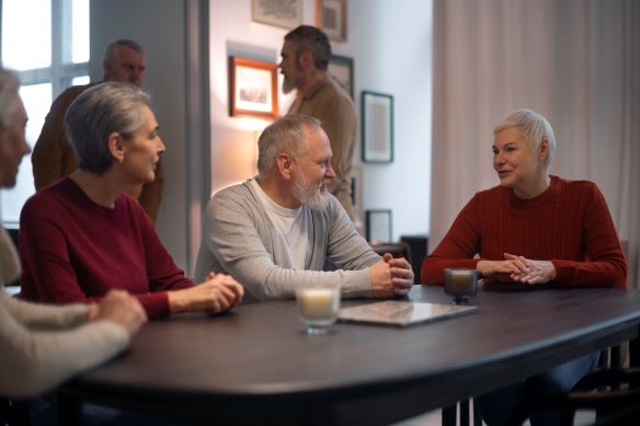 Groupe de 3 seniors assis autour d'une table dans une résidence autonomie